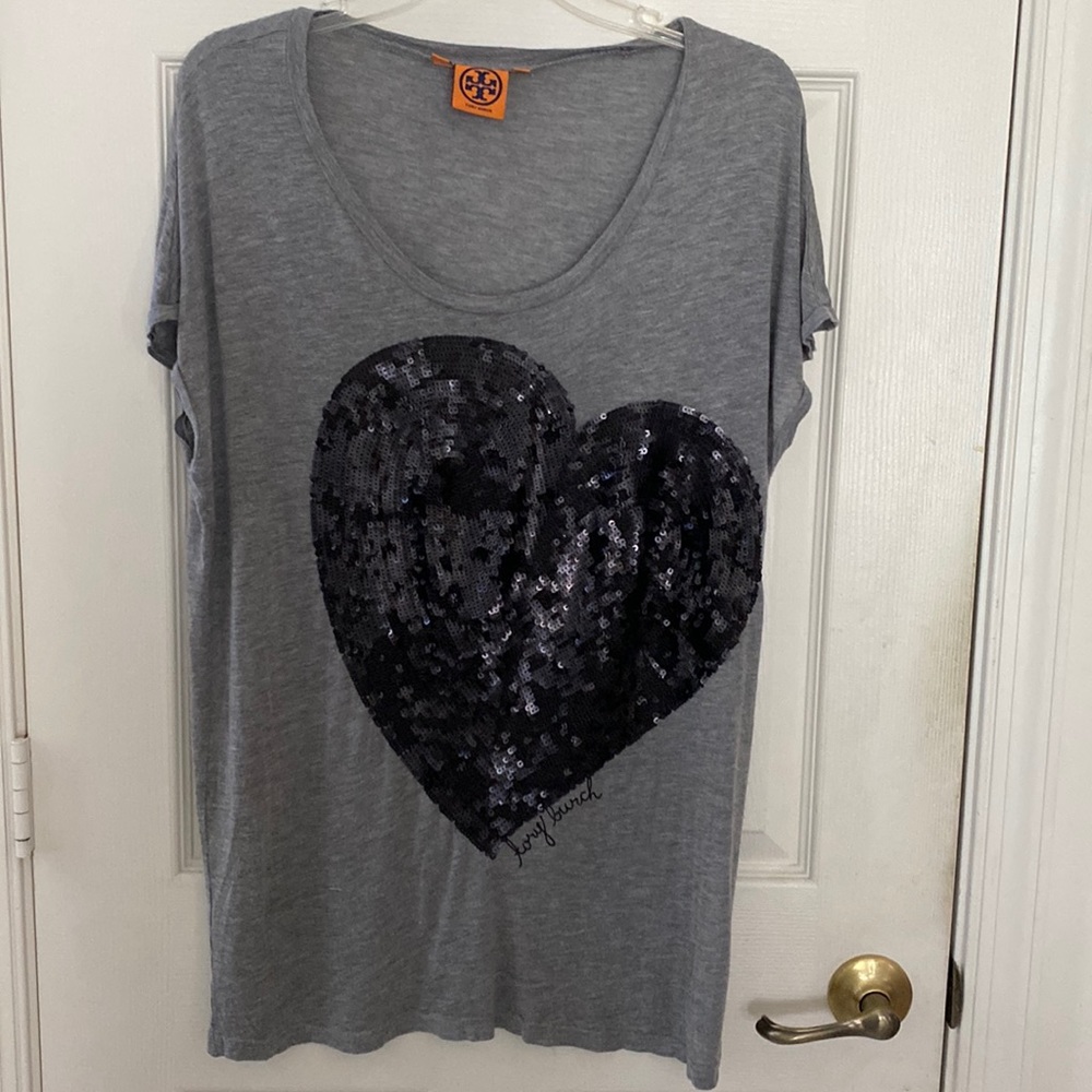 Gray t- shirt with large black sequined heart